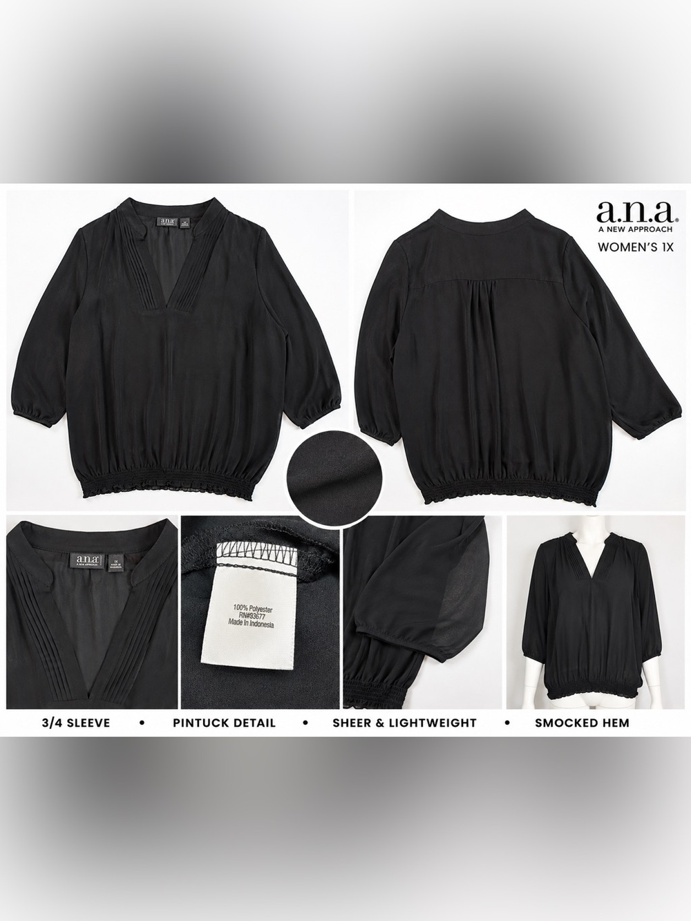 a.n.a Black V-Neck Pintuck Blouse with Smocked Hem 1x career top